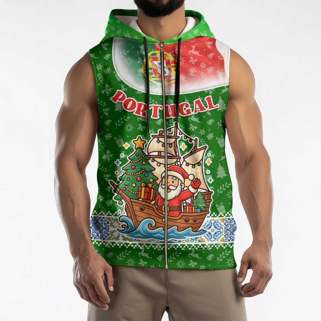 Portugal Christmas Sleeveless Zip Hoodie with Green Red Santa Ship Tree and Coat of Arms - Wonder Print Shop