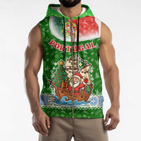 Portugal Christmas Sleeveless Zip Hoodie with Green Red Santa Ship Tree and Coat of Arms - Wonder Print Shop