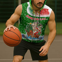Portugal Christmas Sleeveless Zip Hoodie with Green Red Santa Ship Tree and Coat of Arms - Wonder Print Shop