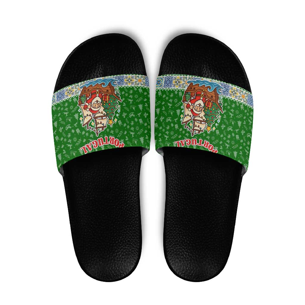 Portugal Christmas Slide Sandals with Green Red Santa Ship Tree and Coat of Arms - Wonder Print Shop