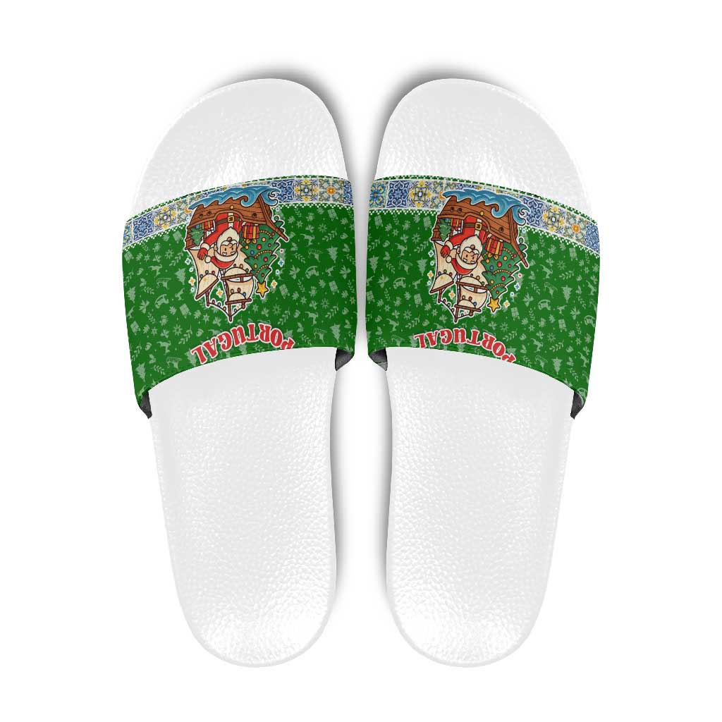 Portugal Christmas Slide Sandals with Green Red Santa Ship Tree and Coat of Arms - Wonder Print Shop