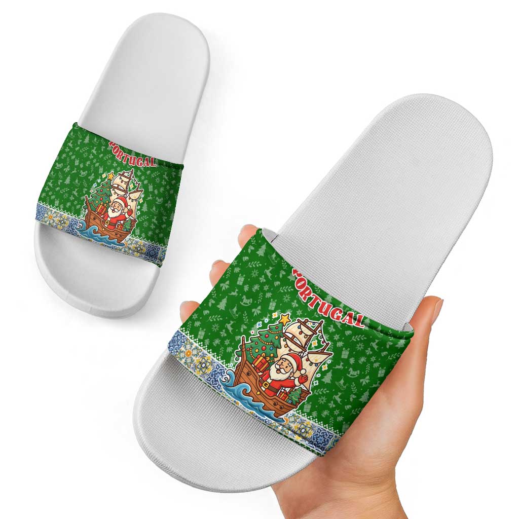 Portugal Christmas Slide Sandals with Green Red Santa Ship Tree and Coat of Arms - Wonder Print Shop