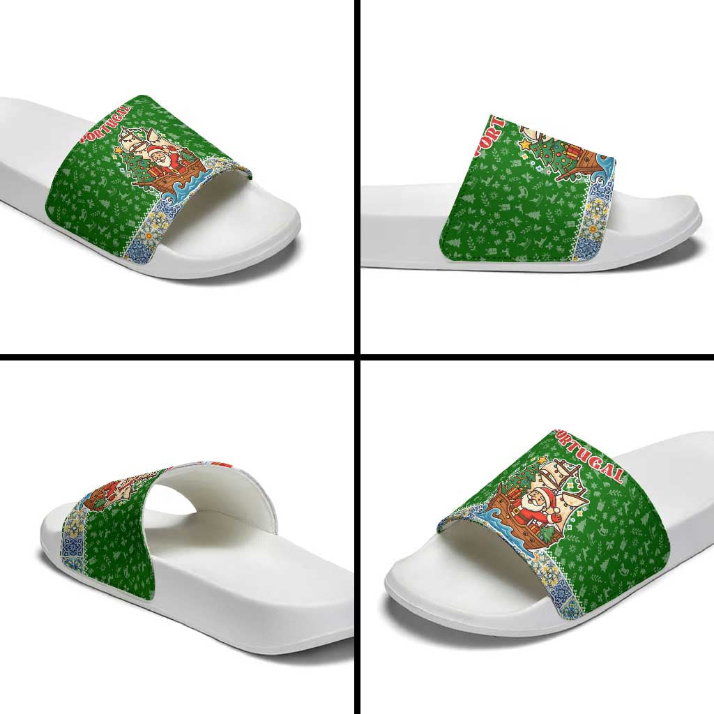 Portugal Christmas Slide Sandals with Green Red Santa Ship Tree and Coat of Arms - Wonder Print Shop