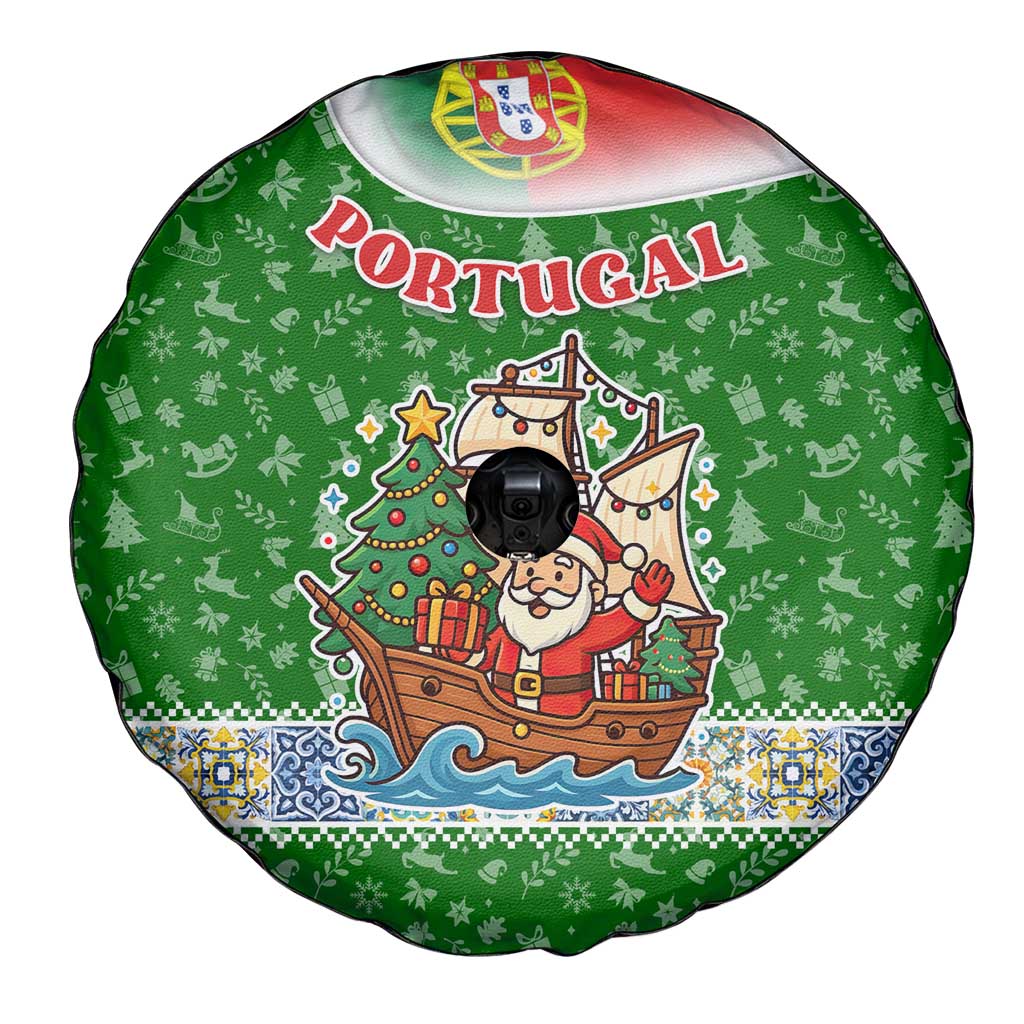 Portugal Christmas Spare Tire Cover with Green Red Santa Ship Tree and Coat of Arms - Wonder Print Shop