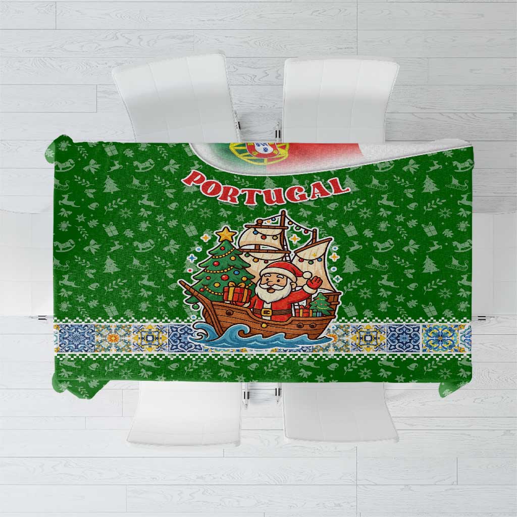 Portugal Christmas Tablecloth with Green Red Santa Ship Tree and Coat of Arms - Wonder Print Shop