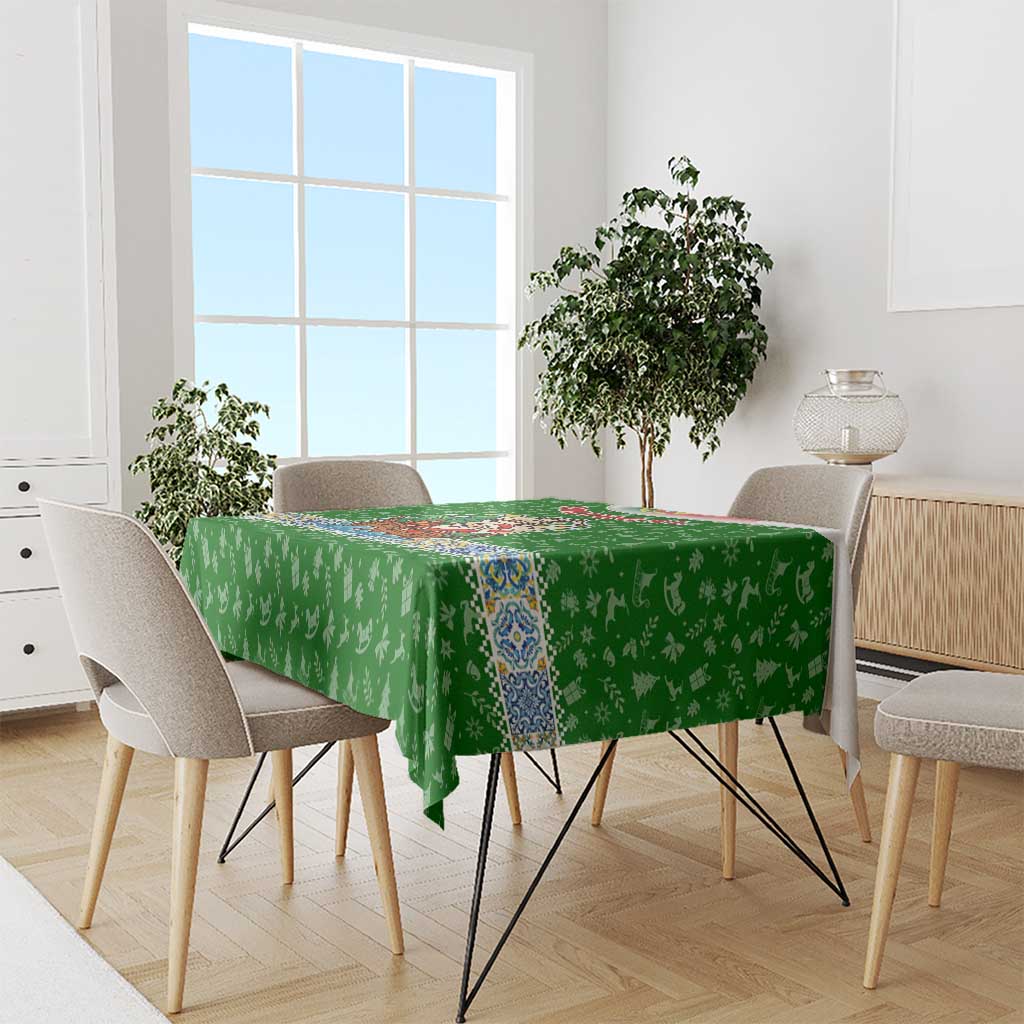 Portugal Christmas Tablecloth with Green Red Santa Ship Tree and Coat of Arms - Wonder Print Shop