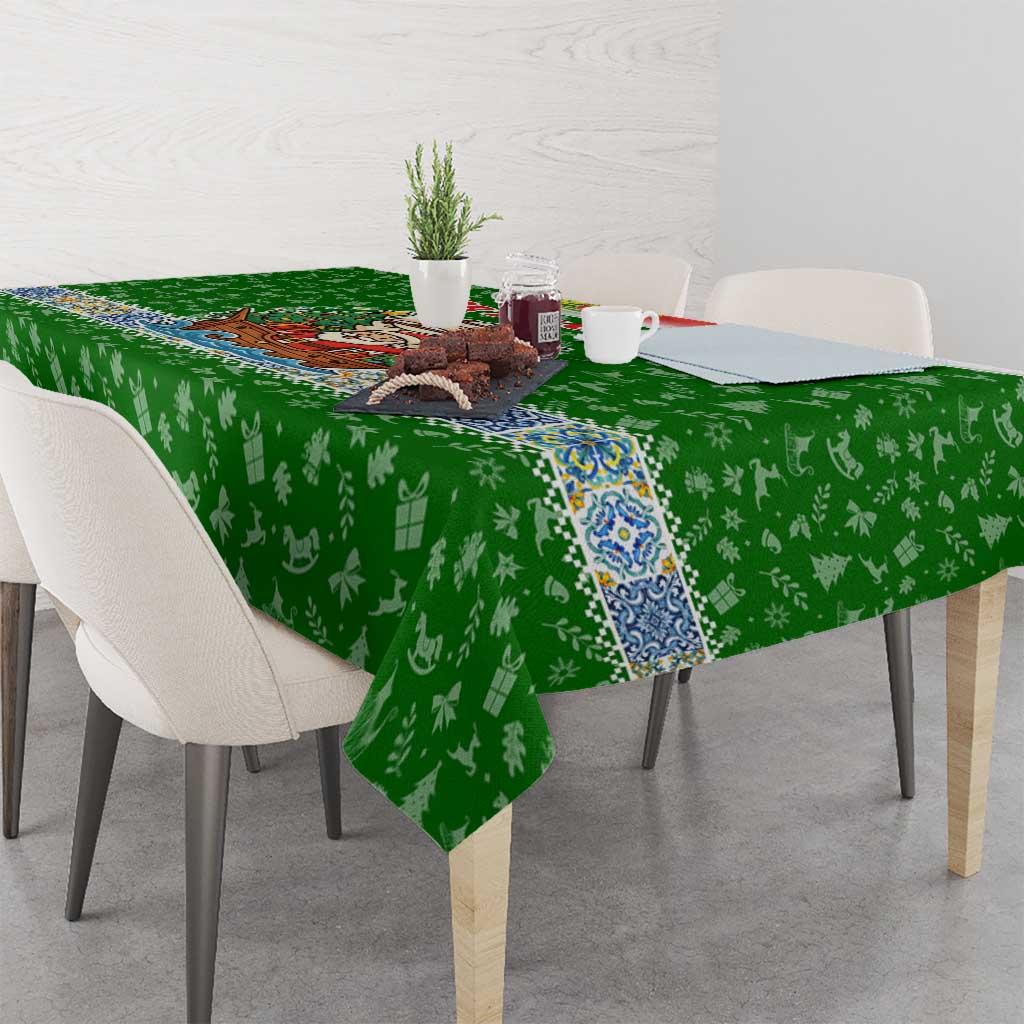 Portugal Christmas Tablecloth with Green Red Santa Ship Tree and Coat of Arms - Wonder Print Shop