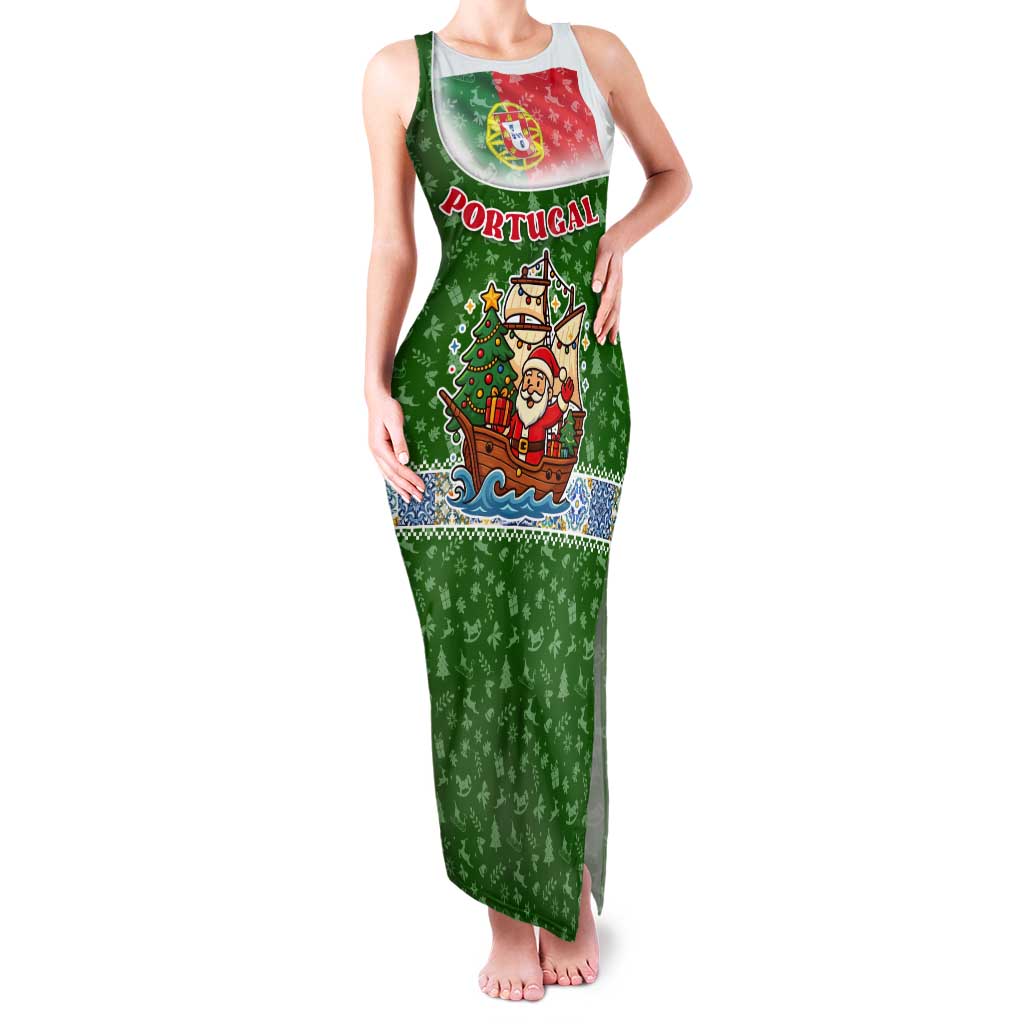 Portugal Christmas Tank Maxi Dress with Green Red Santa Ship Tree and Coat of Arms - Wonder Print Shop