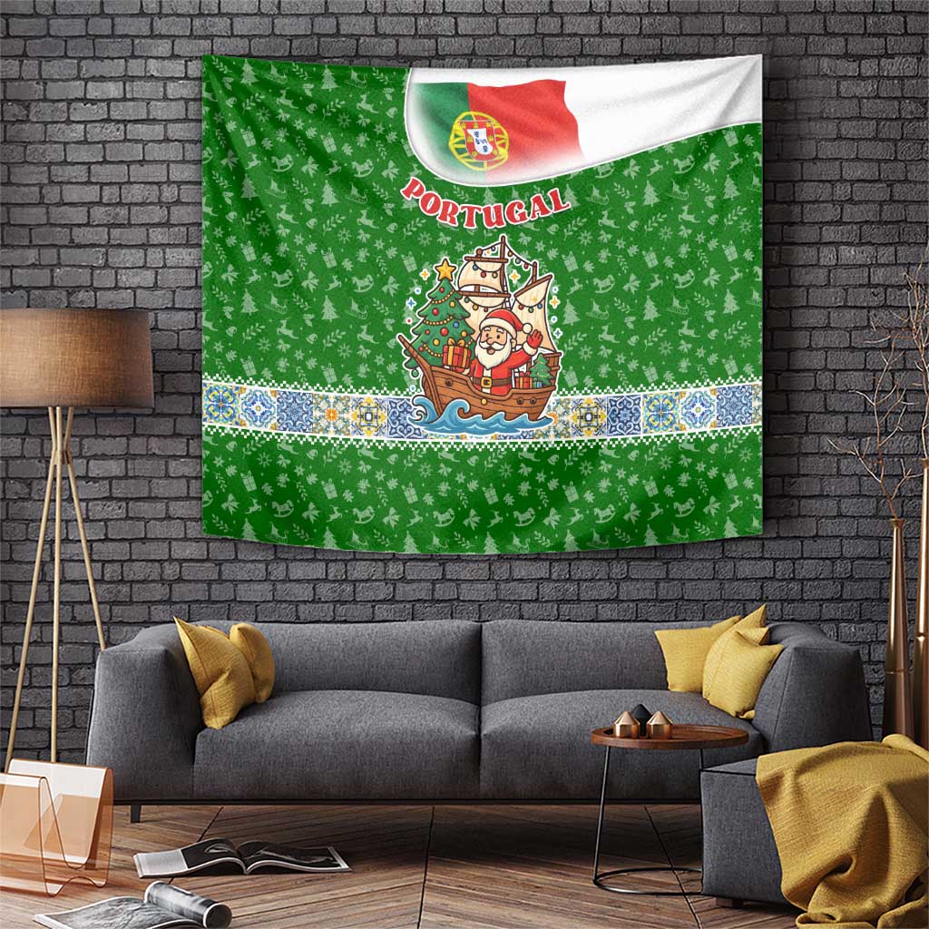 Portugal Christmas Tapestry with Green Red Santa Ship Tree and Coat of Arms - Wonder Print Shop
