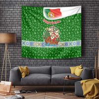 Portugal Christmas Tapestry with Green Red Santa Ship Tree and Coat of Arms - Wonder Print Shop