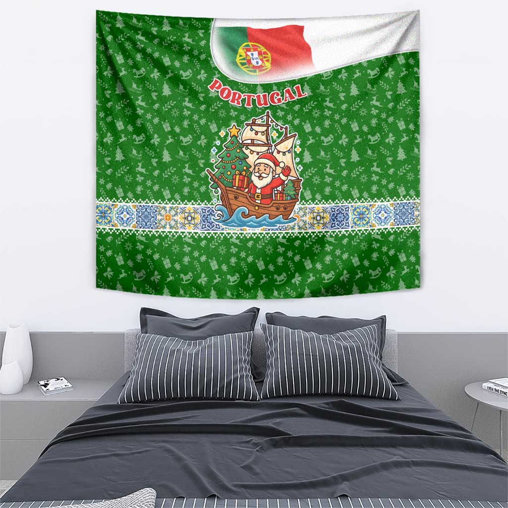 Portugal Christmas Tapestry with Green Red Santa Ship Tree and Coat of Arms - Wonder Print Shop