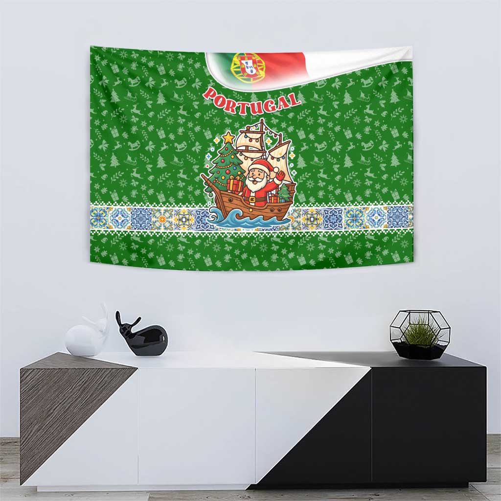 Portugal Christmas Tapestry with Green Red Santa Ship Tree and Coat of Arms - Wonder Print Shop