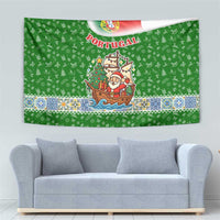 Portugal Christmas Tapestry with Green Red Santa Ship Tree and Coat of Arms - Wonder Print Shop