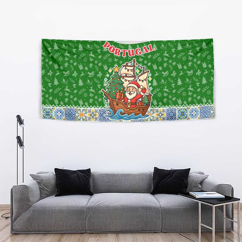 Portugal Christmas Tapestry with Green Red Santa Ship Tree and Coat of Arms - Wonder Print Shop