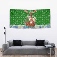 Portugal Christmas Tapestry with Green Red Santa Ship Tree and Coat of Arms - Wonder Print Shop