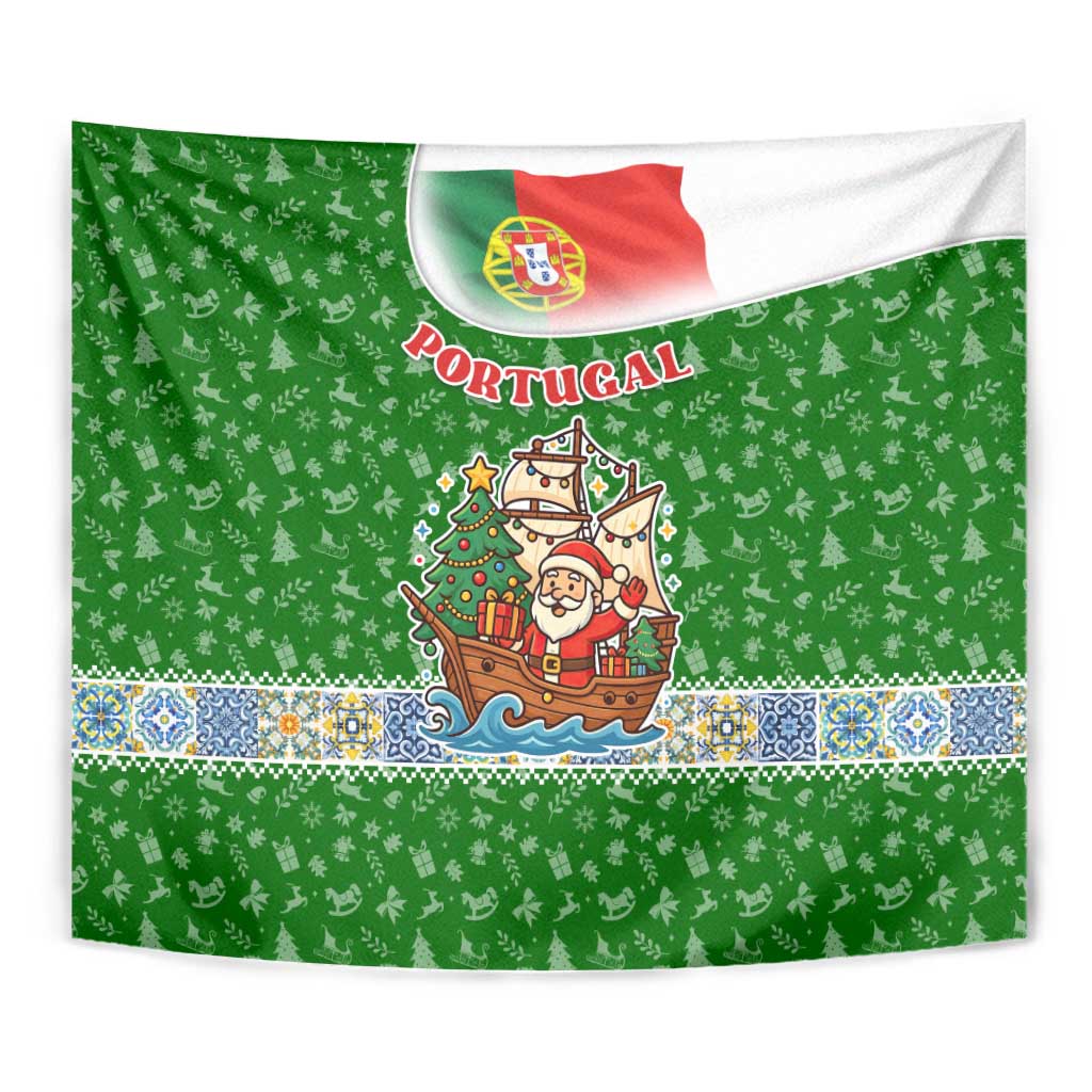Portugal Christmas Tapestry with Green Red Santa Ship Tree and Coat of Arms - Wonder Print Shop
