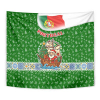 Portugal Christmas Tapestry with Green Red Santa Ship Tree and Coat of Arms - Wonder Print Shop