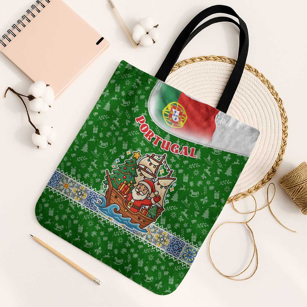 Portugal Christmas Tote Bag with Green Red Santa Ship Tree and Coat of Arms - Wonder Print Shop