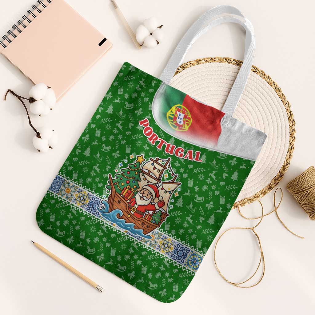 Portugal Christmas Tote Bag with Green Red Santa Ship Tree and Coat of Arms - Wonder Print Shop