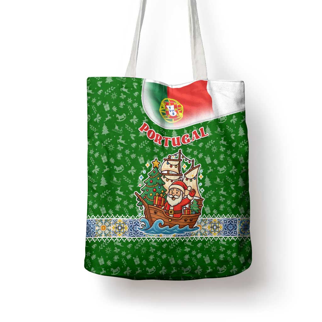 Portugal Christmas Tote Bag with Green Red Santa Ship Tree and Coat of Arms - Wonder Print Shop