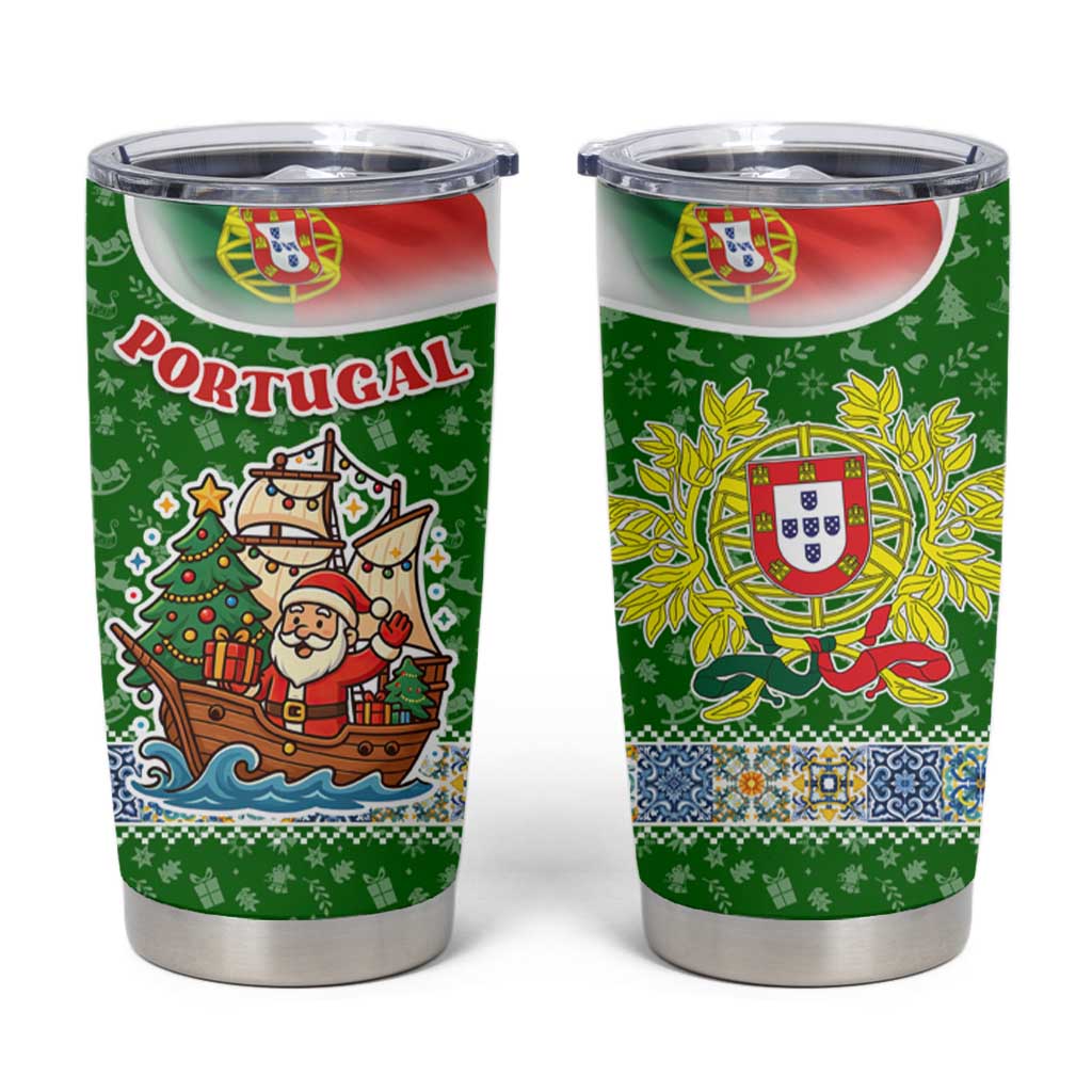 Portugal Christmas Tumbler Cup with Green Red Santa Ship Tree and Coat of Arms - Wonder Print Shop