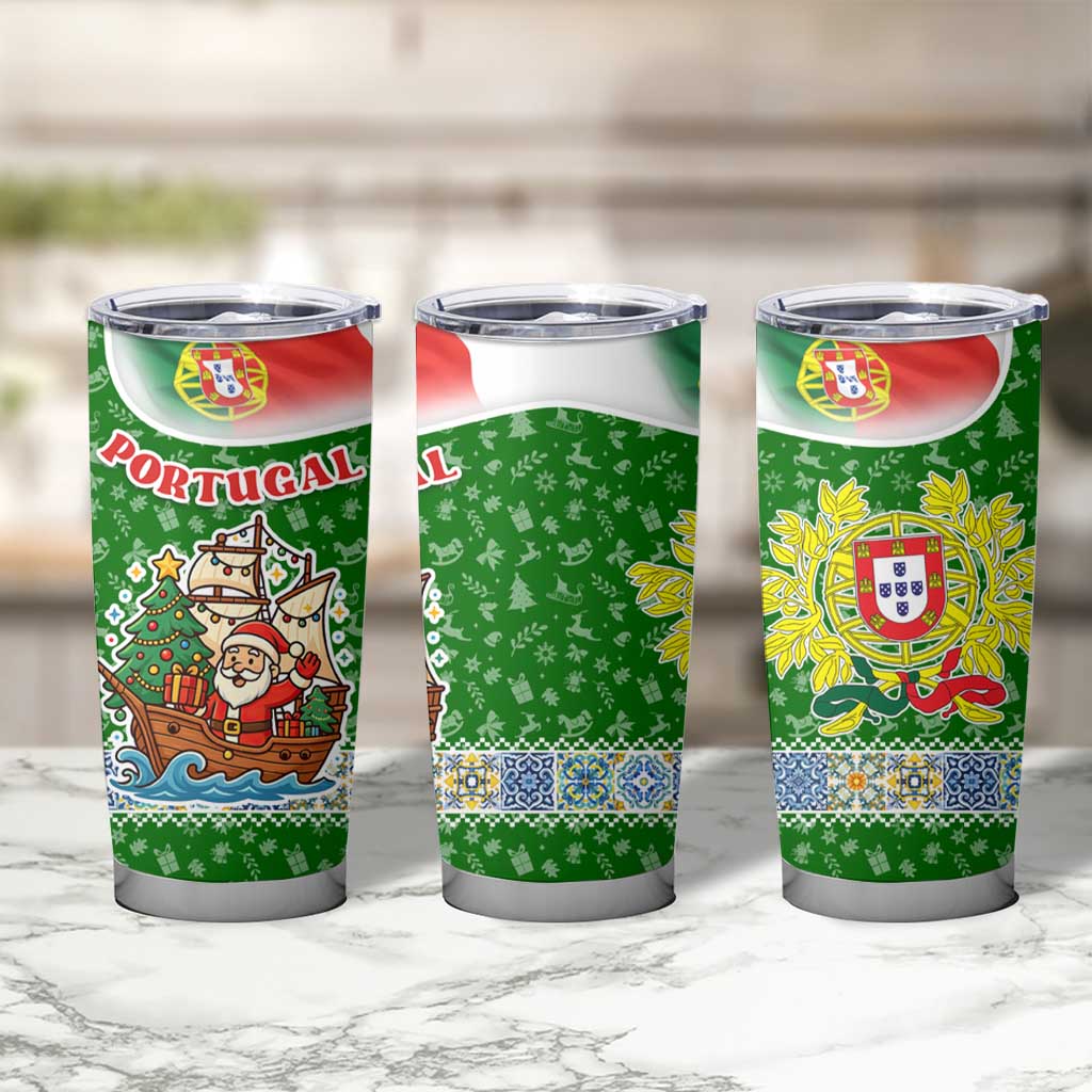 Portugal Christmas Tumbler Cup with Green Red Santa Ship Tree and Coat of Arms - Wonder Print Shop