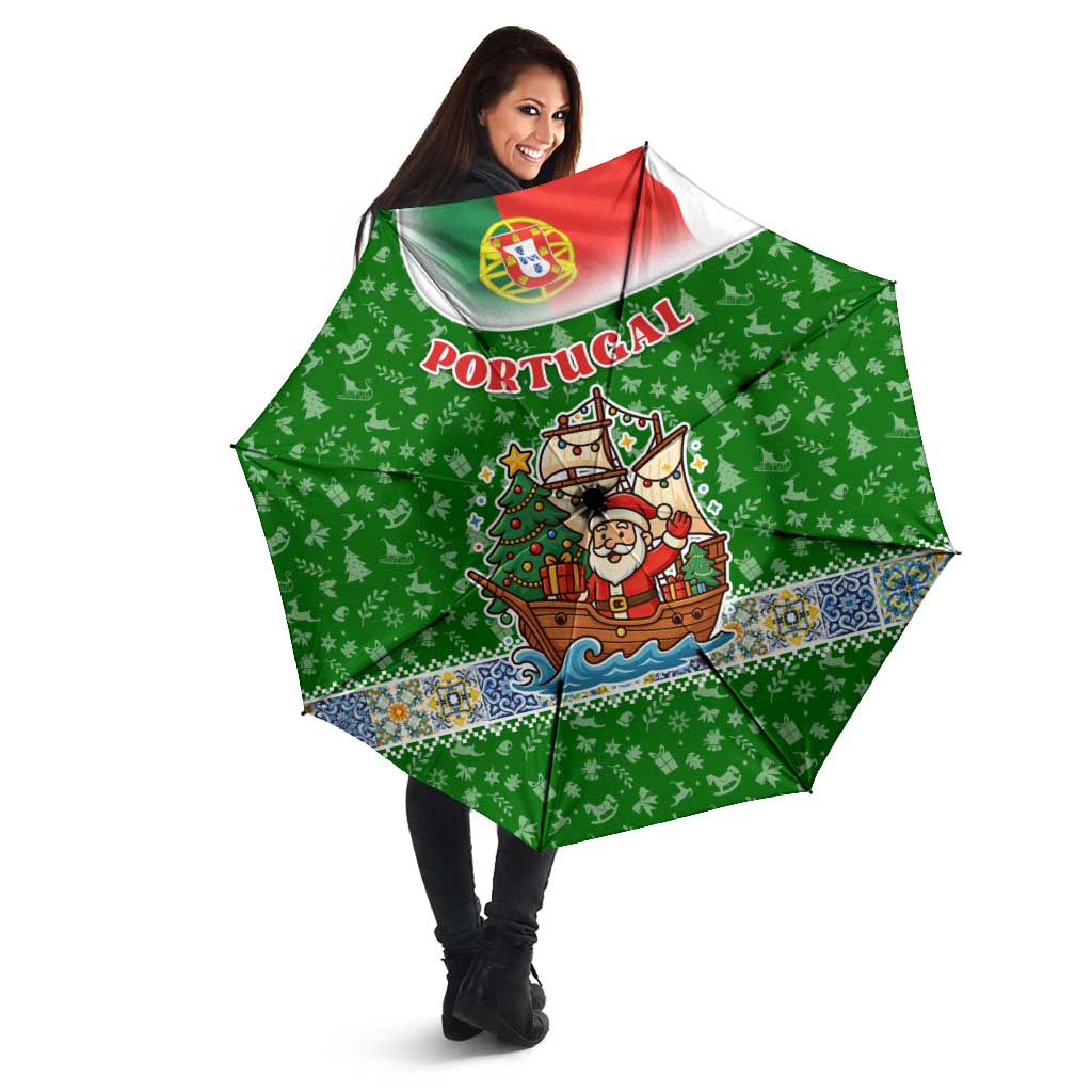 Portugal Christmas Umbrella with Green Red Santa Ship Tree and Coat of Arms - Wonder Print Shop