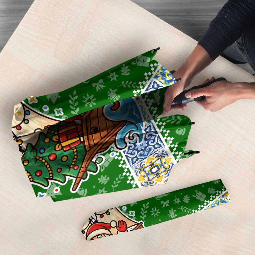 Portugal Christmas Umbrella with Green Red Santa Ship Tree and Coat of Arms - Wonder Print Shop