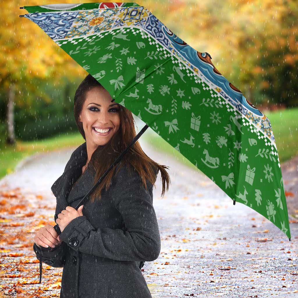 Portugal Christmas Umbrella with Green Red Santa Ship Tree and Coat of Arms - Wonder Print Shop