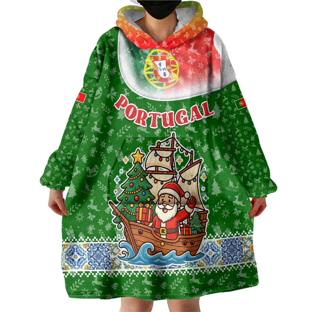 Portugal Christmas Wearable Blanket Hoodie with Green Red Santa Ship Tree and Coat of Arms - Wonder Print Shop