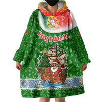 Portugal Christmas Wearable Blanket Hoodie with Green Red Santa Ship Tree and Coat of Arms - Wonder Print Shop