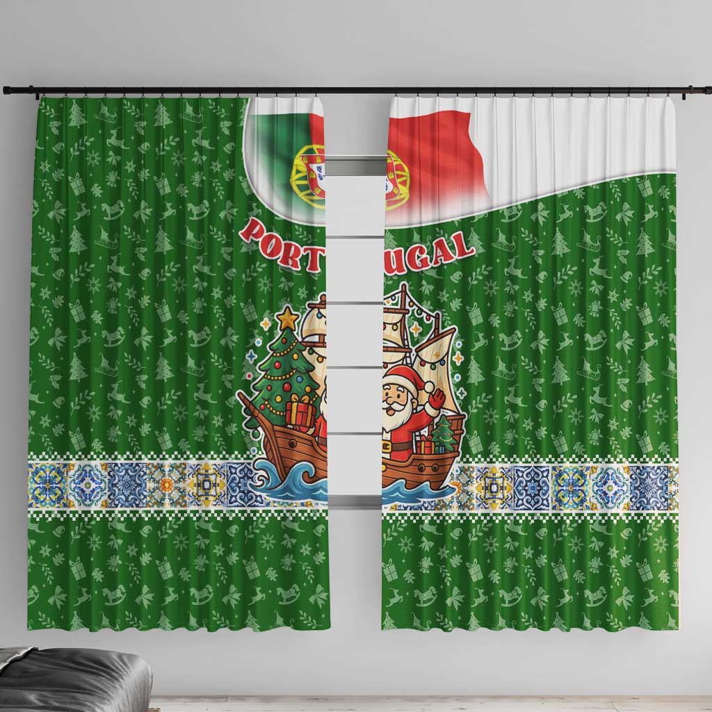 Portugal Christmas Window Curtain with Green Red Santa Ship Tree and Coat of Arms - Wonder Print Shop