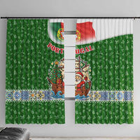 Portugal Christmas Window Curtain with Green Red Santa Ship Tree and Coat of Arms - Wonder Print Shop