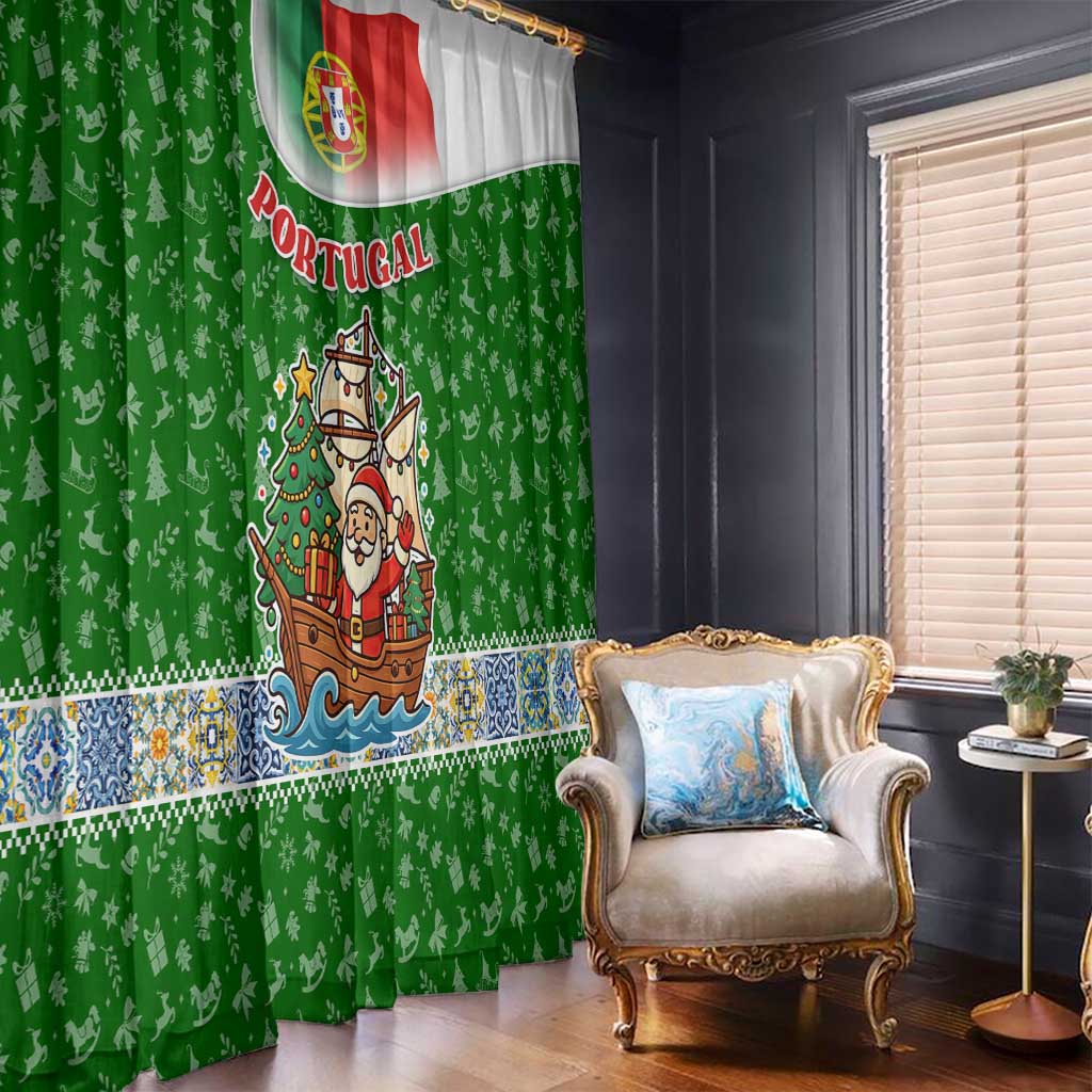Portugal Christmas Window Curtain with Green Red Santa Ship Tree and Coat of Arms - Wonder Print Shop