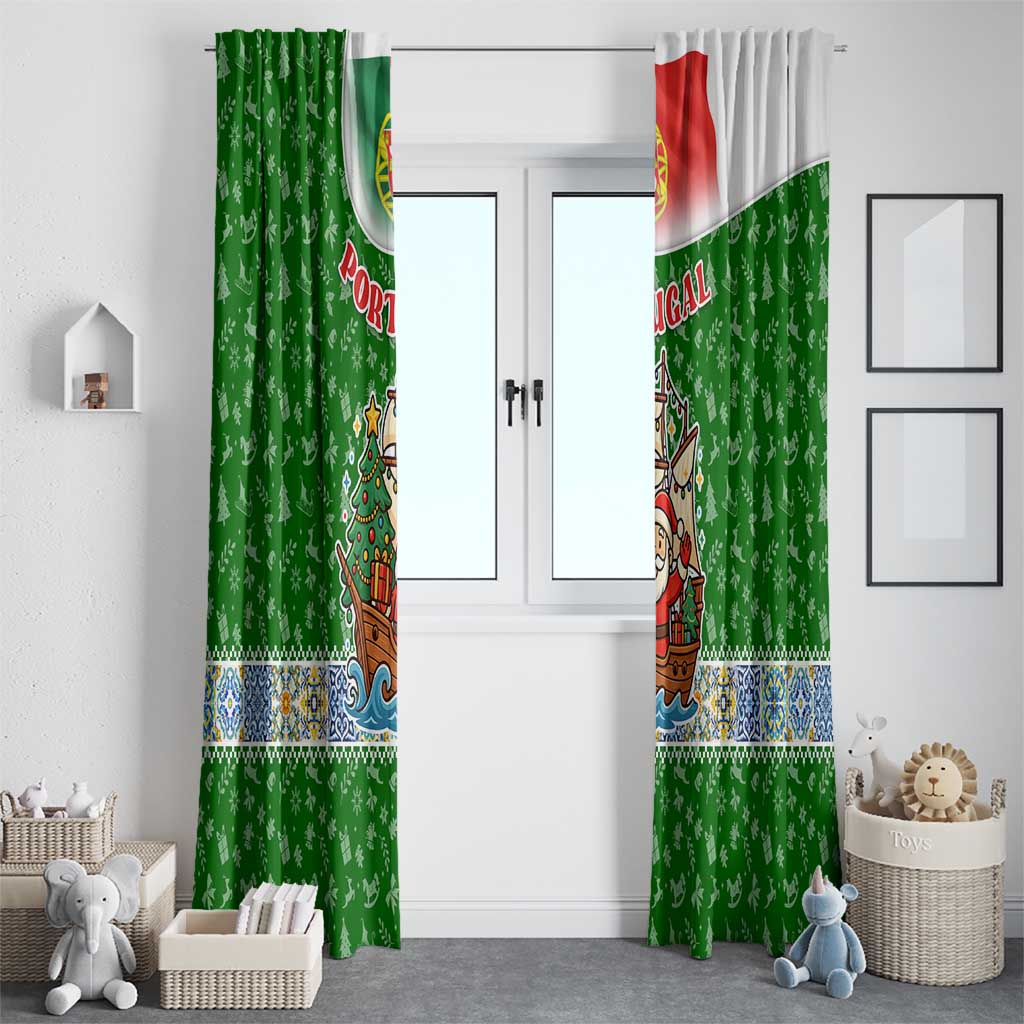 Portugal Christmas Window Curtain with Green Red Santa Ship Tree and Coat of Arms - Wonder Print Shop