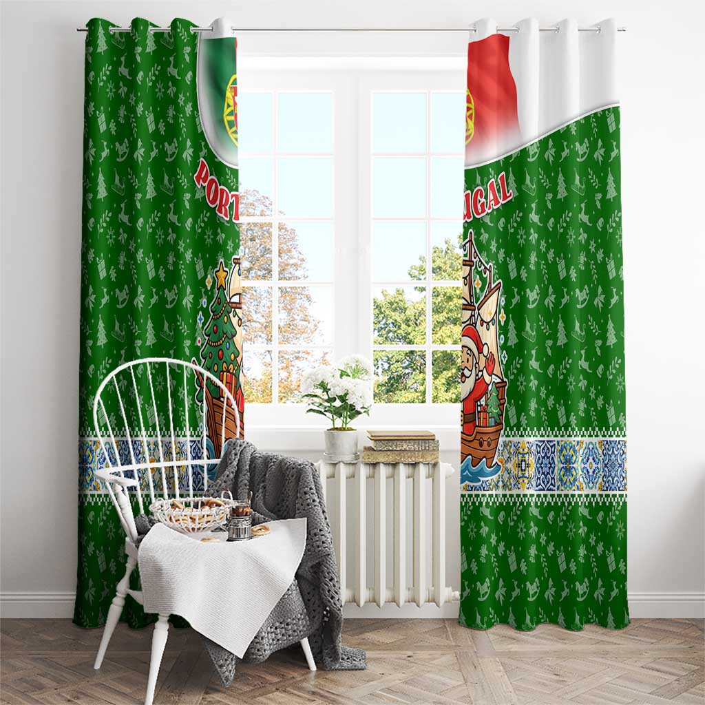 Portugal Christmas Window Curtain with Green Red Santa Ship Tree and Coat of Arms - Wonder Print Shop