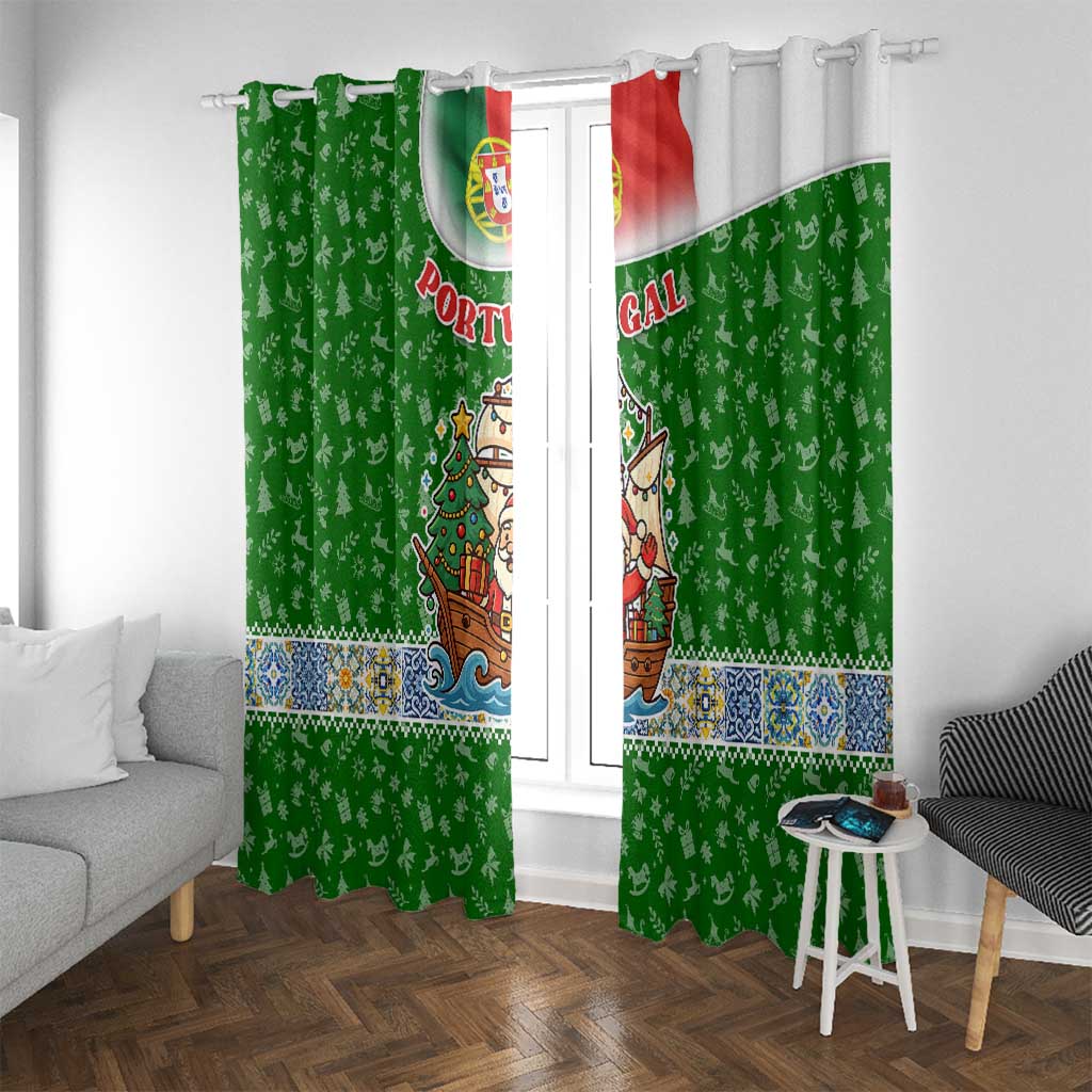 Portugal Christmas Window Curtain with Green Red Santa Ship Tree and Coat of Arms - Wonder Print Shop