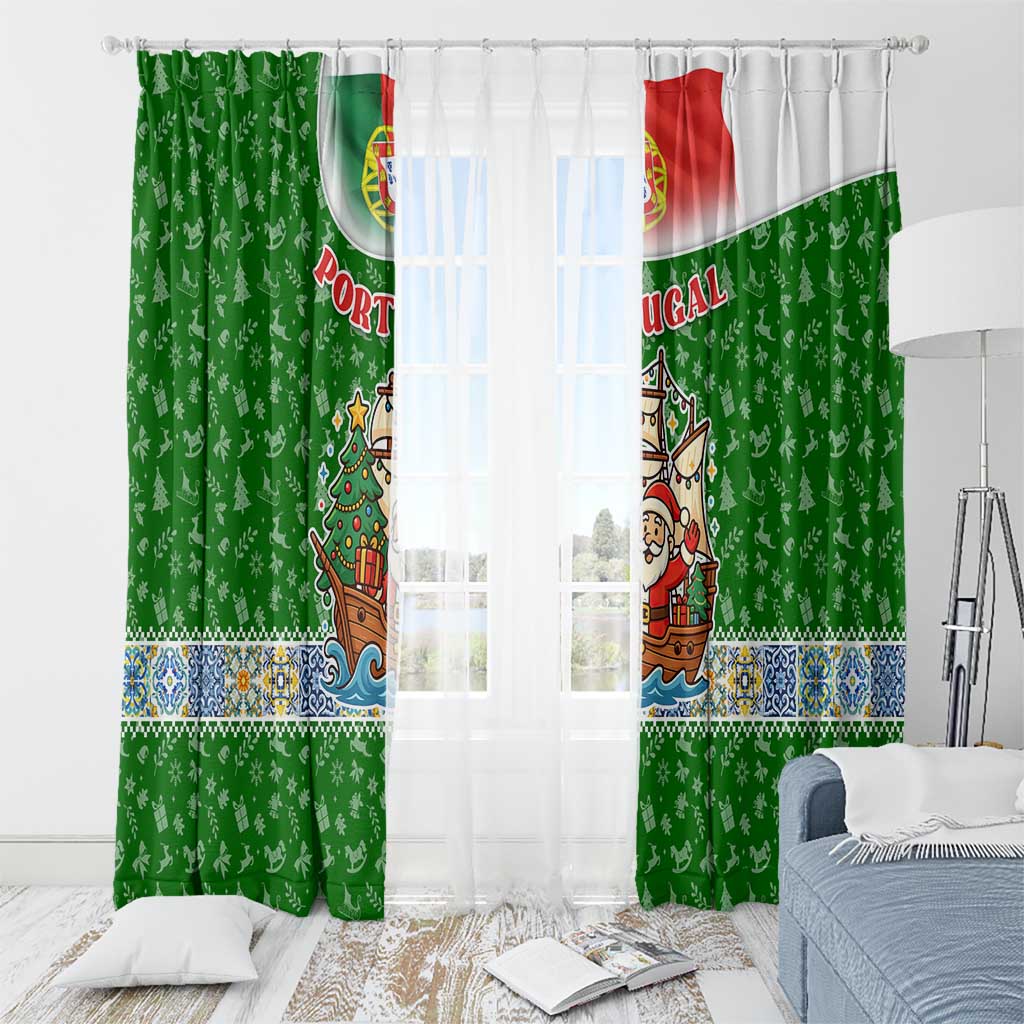 Portugal Christmas Window Curtain with Green Red Santa Ship Tree and Coat of Arms - Wonder Print Shop