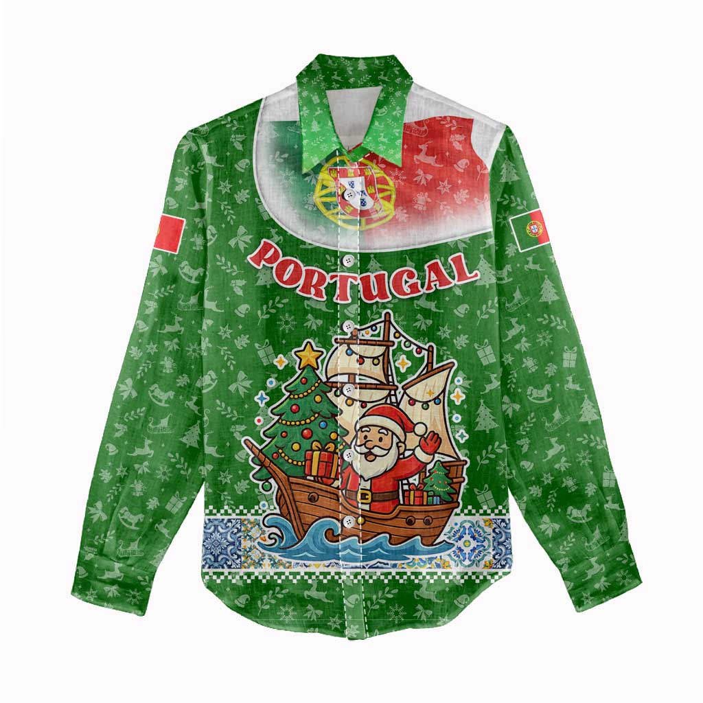 Portugal Christmas Women Casual Shirt with Green Red Santa Ship Tree and Coat of Arms - Wonder Print Shop