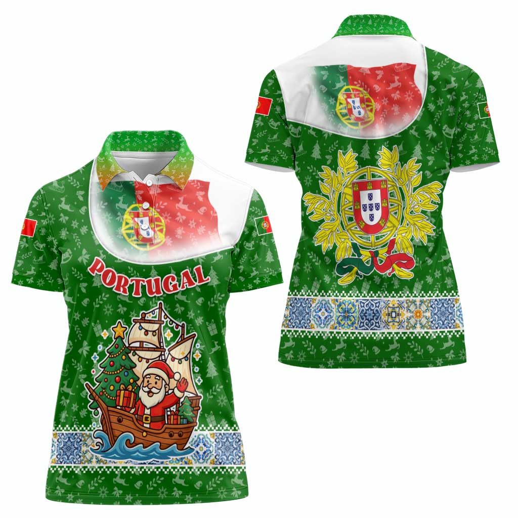 Portugal Christmas Women Polo Shirt with Green Red Santa Ship Tree and Coat of Arms - Wonder Print Shop