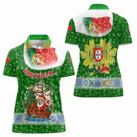 Portugal Christmas Women Polo Shirt with Green Red Santa Ship Tree and Coat of Arms - Wonder Print Shop