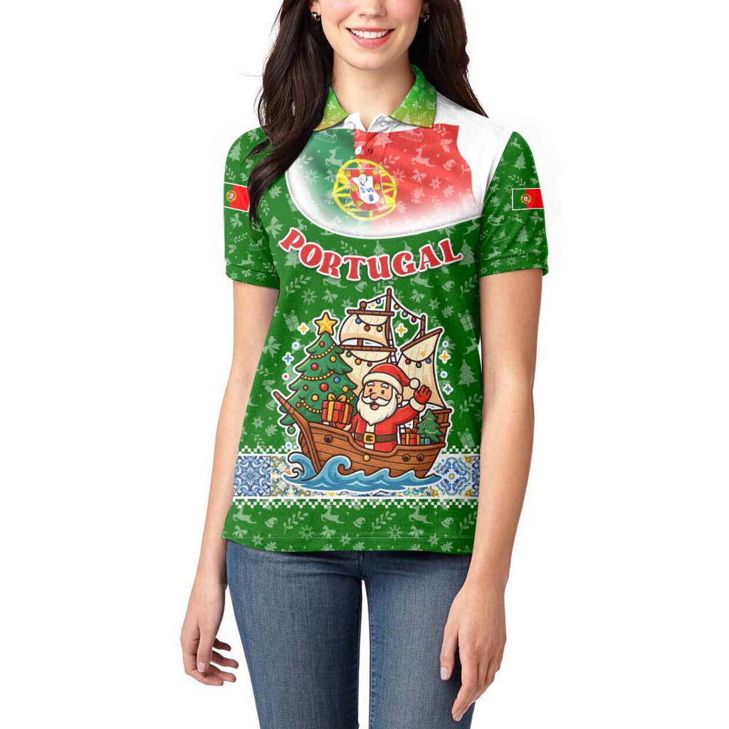 Portugal Christmas Women Polo Shirt with Green Red Santa Ship Tree and Coat of Arms - Wonder Print Shop