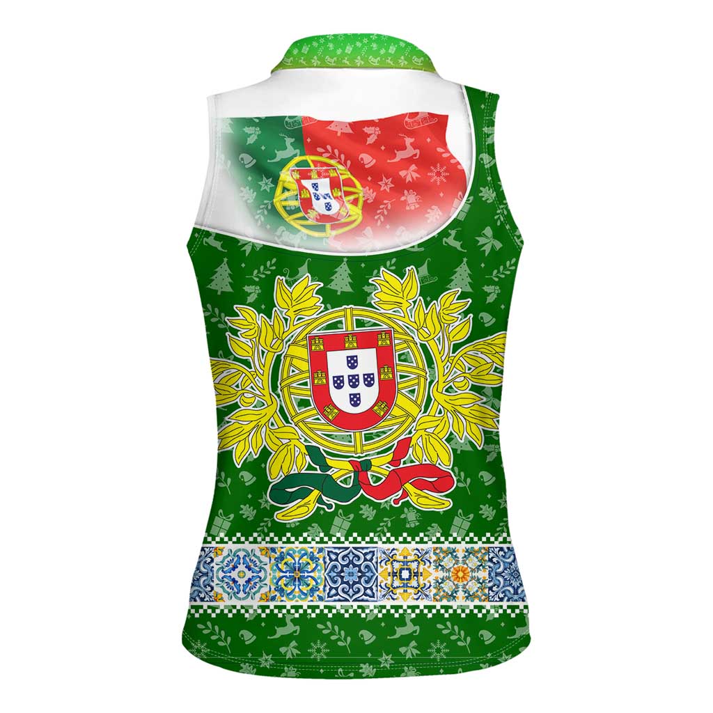 Portugal Christmas Women Sleeveless Polo Shirt with Green Red Santa Ship Tree and Coat of Arms - Wonder Print Shop