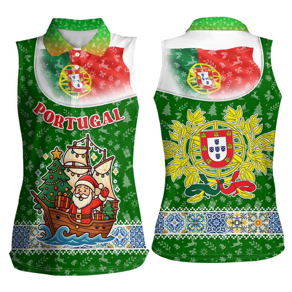Portugal Christmas Women Sleeveless Polo Shirt with Green Red Santa Ship Tree and Coat of Arms - Wonder Print Shop