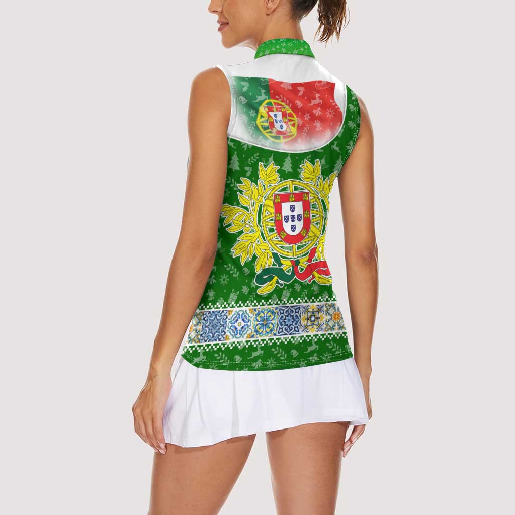 Portugal Christmas Women Sleeveless Polo Shirt with Green Red Santa Ship Tree and Coat of Arms - Wonder Print Shop