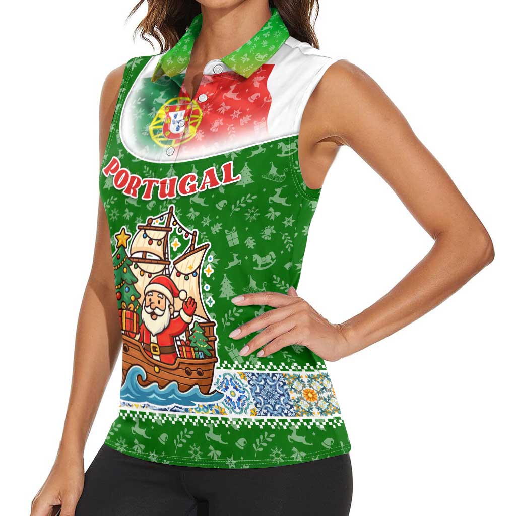 Portugal Christmas Women Sleeveless Polo Shirt with Green Red Santa Ship Tree and Coat of Arms - Wonder Print Shop