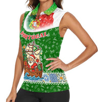 Portugal Christmas Women Sleeveless Polo Shirt with Green Red Santa Ship Tree and Coat of Arms - Wonder Print Shop