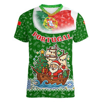 Portugal Christmas Women V-Neck T-Shirt with Green Red Santa Ship Tree and Coat of Arms - Wonder Print Shop