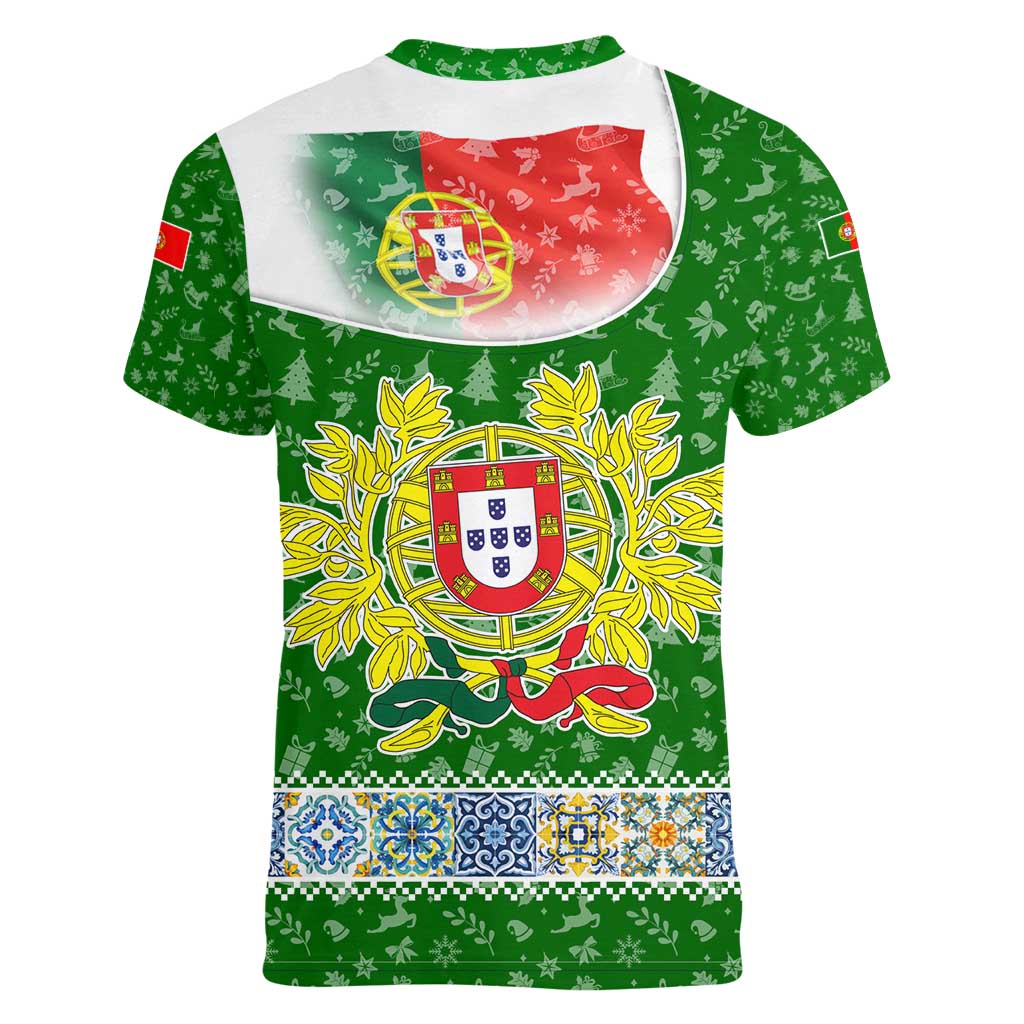Portugal Christmas Women V-Neck T-Shirt with Green Red Santa Ship Tree and Coat of Arms - Wonder Print Shop