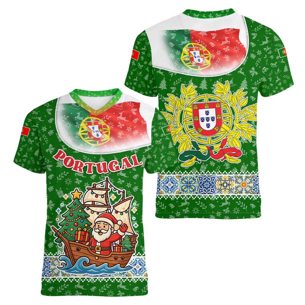 Portugal Christmas Women V-Neck T-Shirt with Green Red Santa Ship Tree and Coat of Arms - Wonder Print Shop